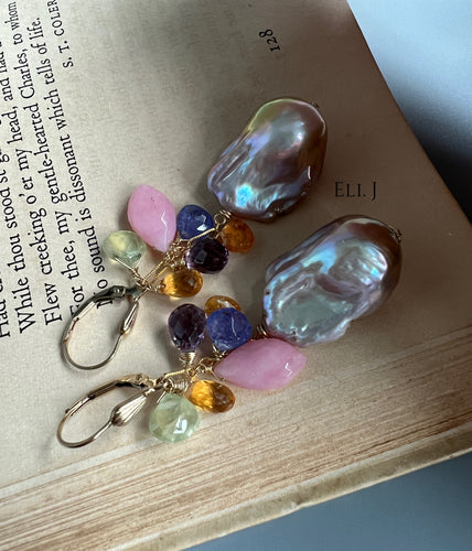 Purple-Pink-Rainbow Baroque Pearls & Gemstones 14KGF Earrings