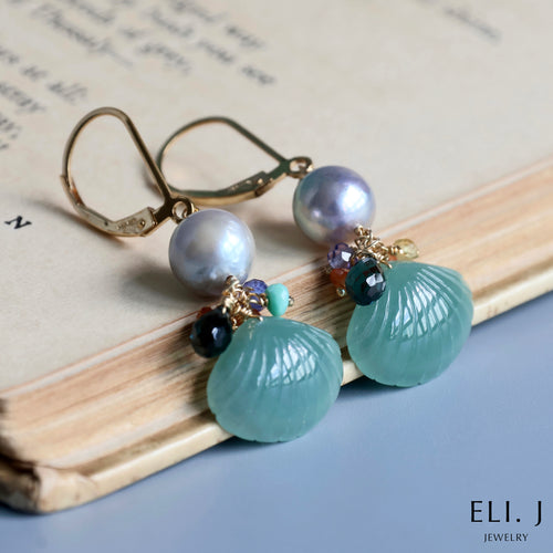 Teal Jadeite Shells, Japanese Akoya Pearls, Sapphire & Gemstone Earrings