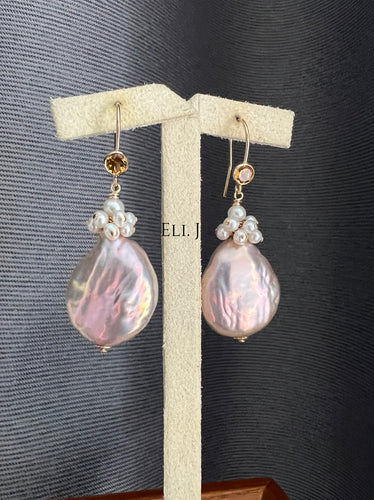 Pink-Rainbow Flat Baroque Pearls Citrine 14kGF Earrings