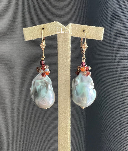 Silver Baroque Pearls, Garnet, Carnelian, Labradorite 14kGF Earrings