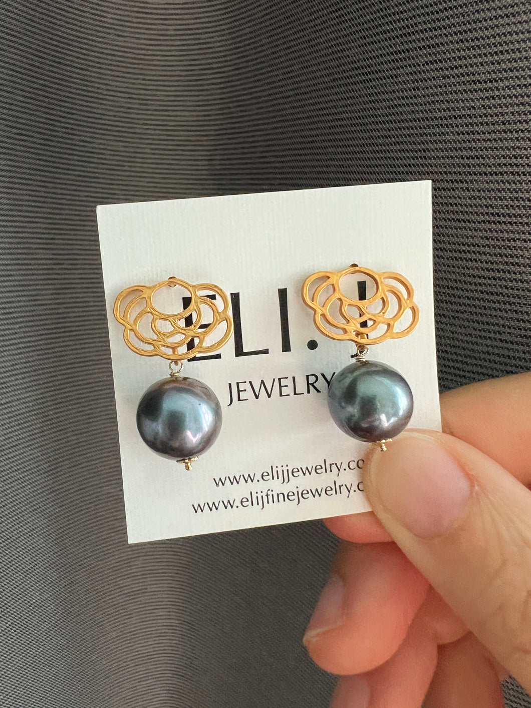Large Black FW Pearls Floral Earrings