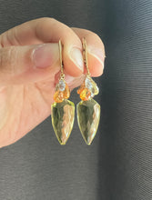 Load image into Gallery viewer, Lemon Quartz Pendulum, Orange Garnet, Blue Sapphire 14KGF Earrings