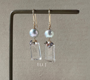 Silver Akoya Pearls, Clear Quartz, Gems 14kGF Earrings