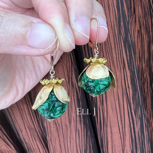 Type A Dark Green Carved Jadeite, Vintage Caps & Swarovski 14kGF Earrings