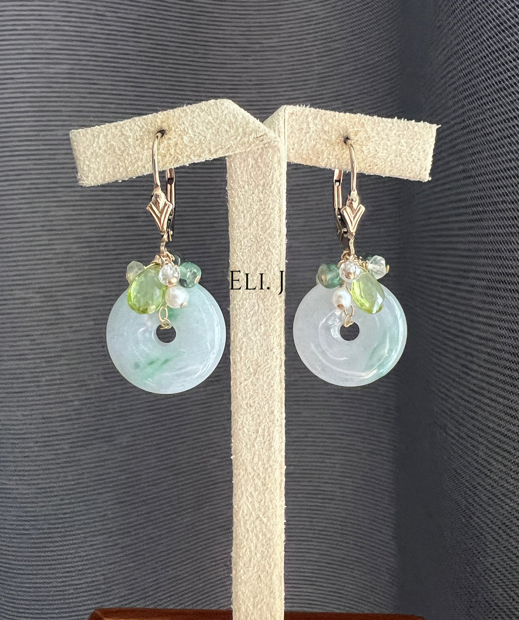 Type A Jadeite Wispy Green on White, Peridot, Gems 14KGF Earrings