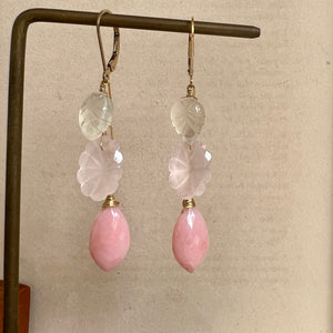 Carved Rose Quartz & Moonstone, Pink Opal 14kGF Earrings