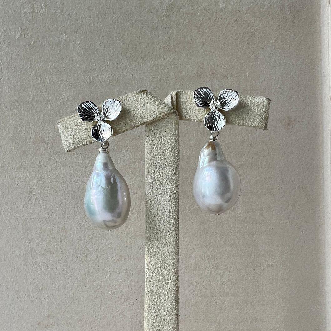 Large Drop Ivory Pearls Signature Floral Earring Studs