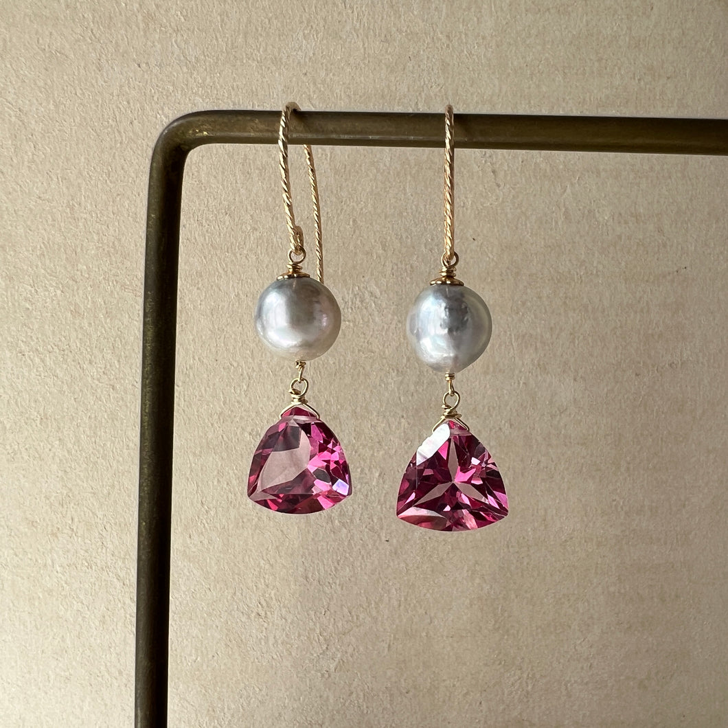 Silver Akoya Pearls, Pink Topaz 14kGF Earrings