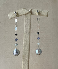 Load image into Gallery viewer, Silver-Blue Akoya Pearls, Black Diamond, Gems 925 Silver Dangle Earrings