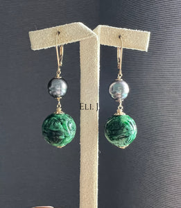 Deep Green Carved Large Jadeite Balls, Tahitian Pearls 14KGF Earrings