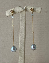 Load image into Gallery viewer, Silver-Bluish Akoya Pearls, Aquamarine 14kGF Dangle Earrings