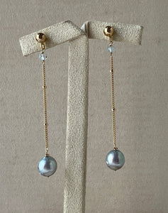 Silver-Bluish Akoya Pearls, Aquamarine 14kGF Dangle Earrings