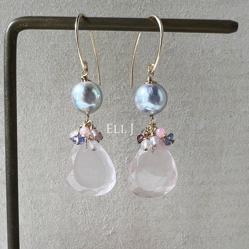 Rose Quartz, Silver Akoya Pearls & Gems 14kGF Earrings