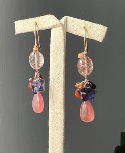 Copper Rutile, Iolite, Rhodocrosite Gemstone 14kGF Earrings