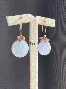18K SOLID GOLD: 福 Lavender Jade, Cognac Diamonds, Gems Earrings