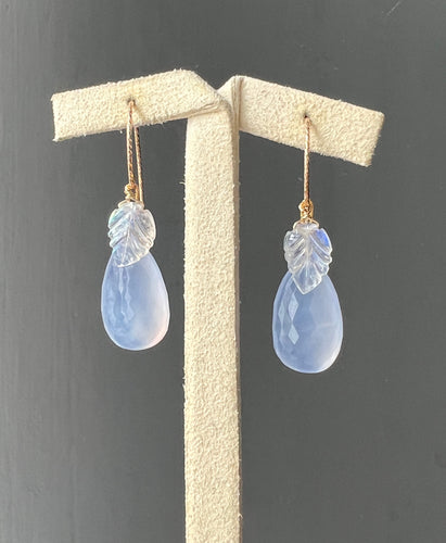AAA Natural Chalcedony, Rainbow Moonstone Leaves 14kGF Earrings