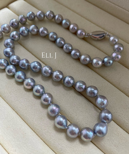 Japanese BAROQUE Akoya Silver-Blue Pearl Necklace 7.5-8mm