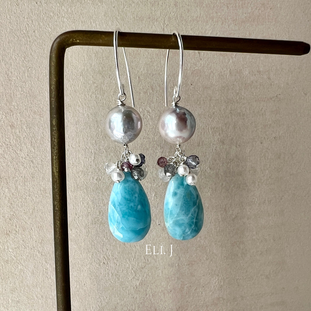 Larimar, Silver Akoya Pearls, Gems 925 Silver Earrings