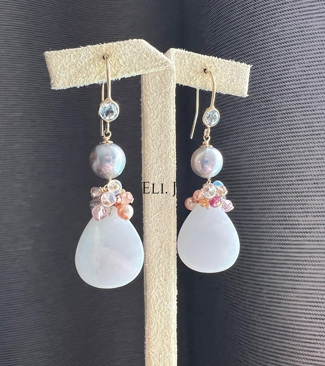 Custom-Cut Lavender Jade Flat Teardrops, Silver-Blue Akoya Pearls & Gems 14KGF Earrings