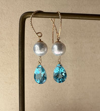 Load image into Gallery viewer, Silver Akoya Pearls, Swiss Blue Topaz 14kGF Earrings