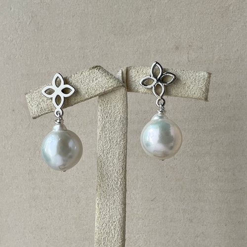 Ivory Pearls, Silver Fleur de Lis Studs
