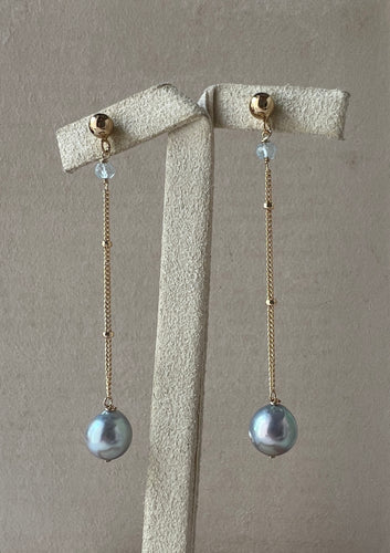Silver-Bluish Akoya Pearls, Aquamarine 14kGF Dangle Earrings