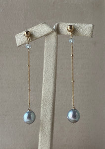Silver-Bluish Akoya Pearls, Aquamarine 14kGF Dangle Earrings