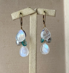 Rainbow Moonstone, Akoya Pearls, Apatite 14KGF Earrings