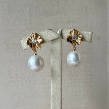 Load image into Gallery viewer, Ivory Near Round Pearls, Floral Gold Earring Studs