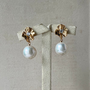 Ivory Near Round Pearls, Floral Gold Earring Studs