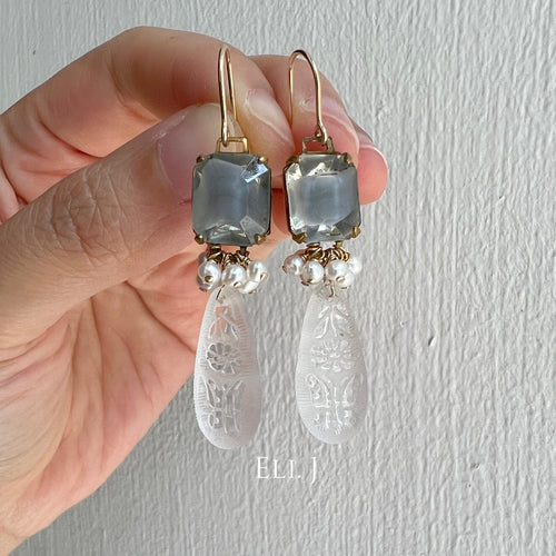 Vintage Gems, Flower Teardrop Charm & Pearls 14kGF Earrings