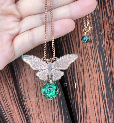 Vintage Butterfly, Carved Jade Ball Necklace