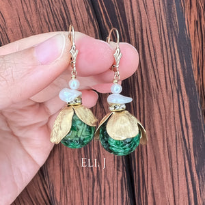 Type A Jadeite Carved Balls, Vintage Flowers, Keshi 14kGF Earrings