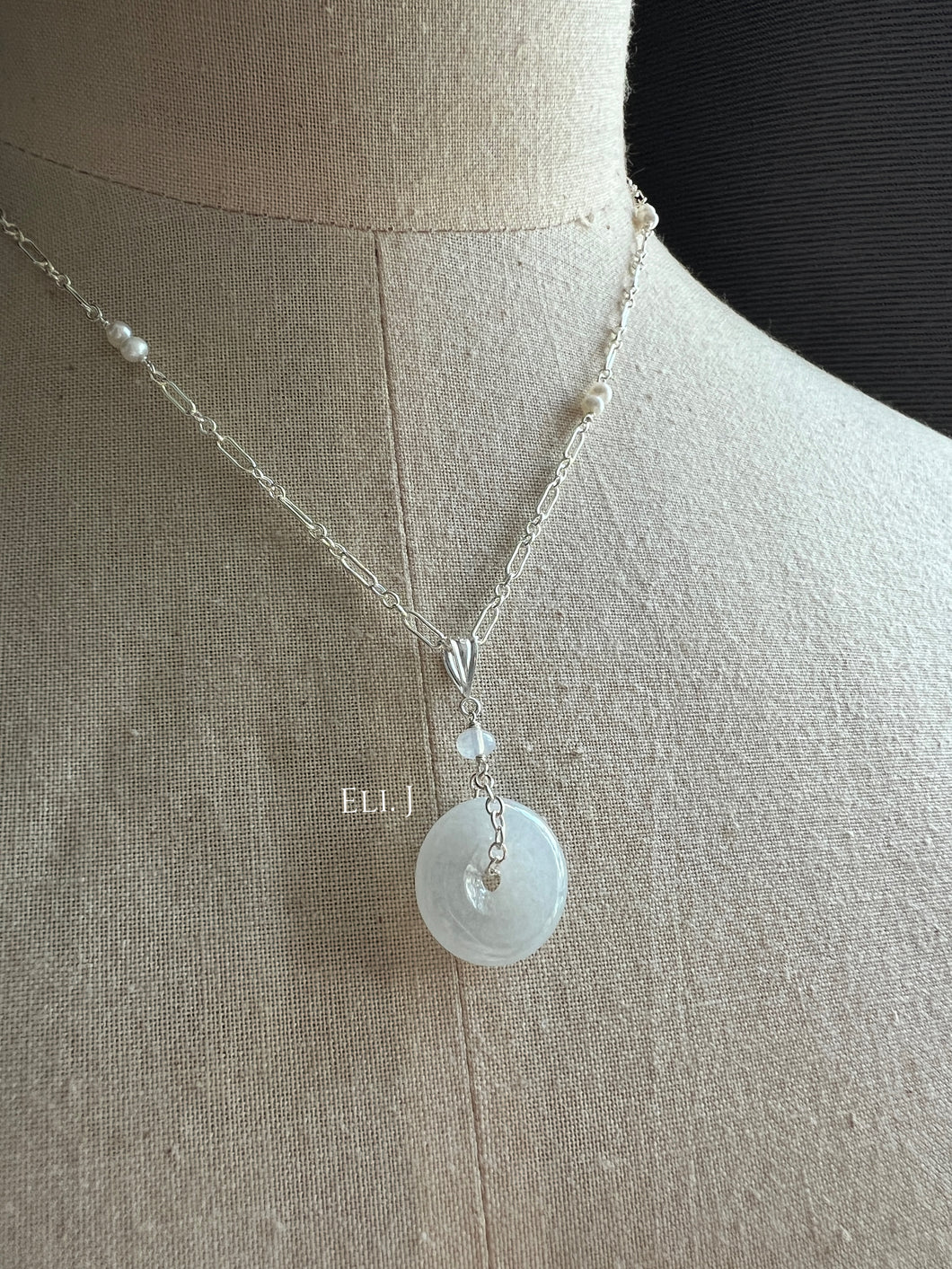 White Type A Jadeite Donut, Opal, Pearls 925 Silver Necklace