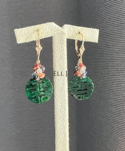 Exclusive: 喜喜Double Happiness Dark Green Jade, Black Diamonds, Orange Sapphire, Gems 14KGF Earrings