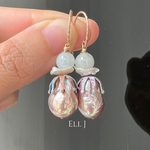 Pink-Rainbow, Icy Jade, Vtg Flower 14kGF Earringd