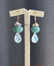 Load image into Gallery viewer, Carved Jadeite Seashells, Rainbow Moonstone, Gemstone 14KGF Earrings