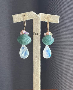 Carved Jadeite Seashells, Rainbow Moonstone, Gemstone 14KGF Earrings