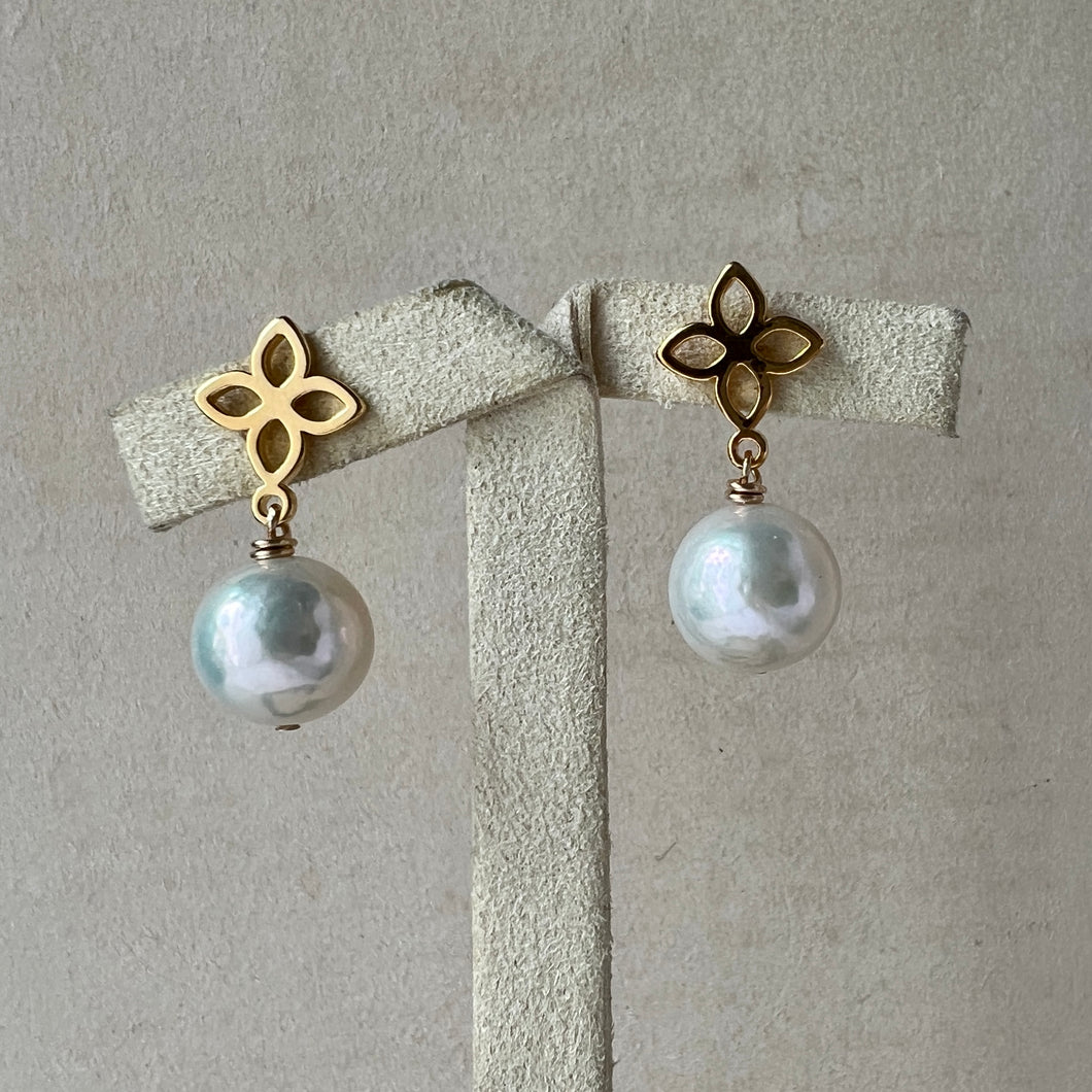 Round Ivory Pearls, Fleur de Lis Earring Studs