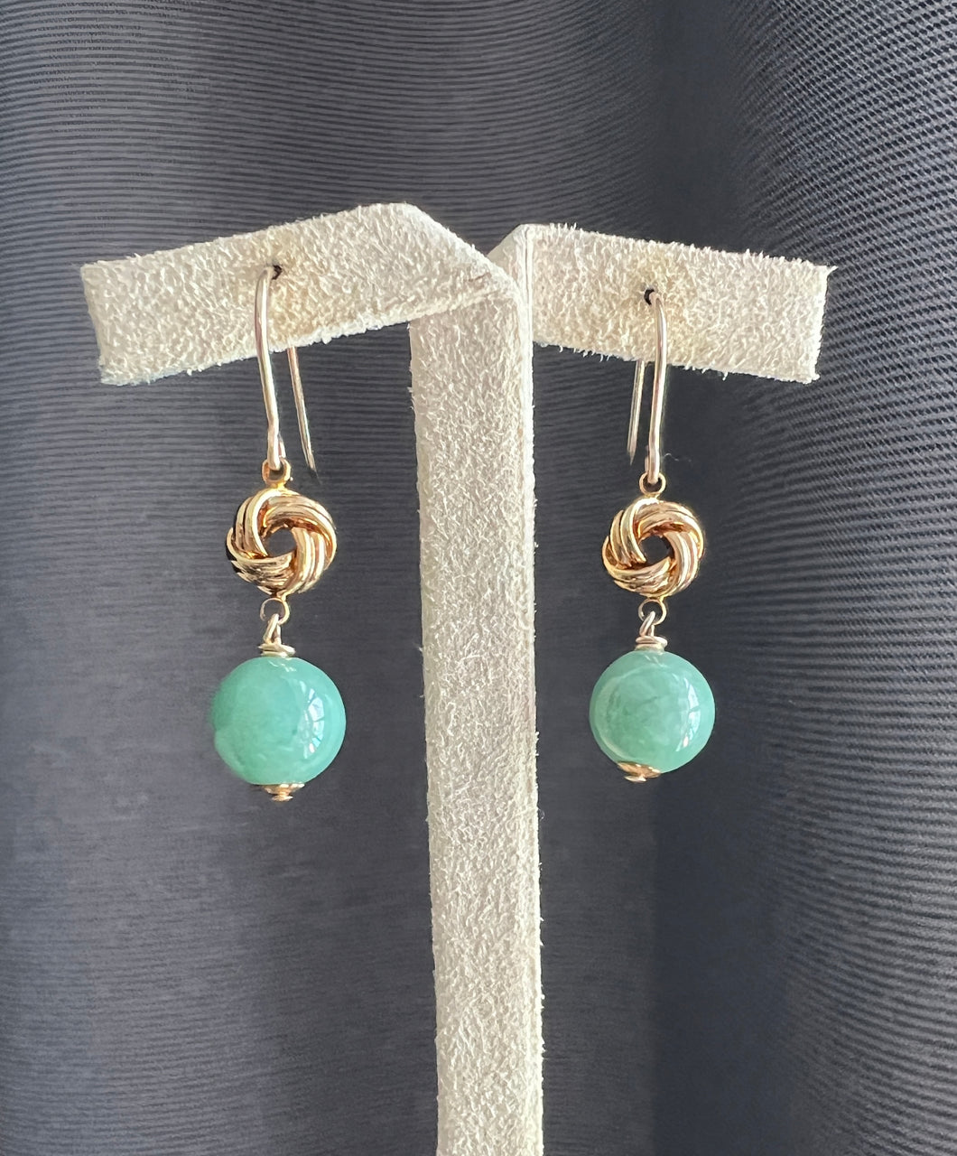 Small Apple Green Jadeite Balls & Knot 14kGF Earrings