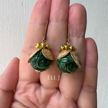 Load image into Gallery viewer, Type A Dark Green Carved Jadeite, Vintage Caps &amp; Swarovski 14kGF Earrings