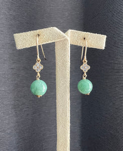 Small Apple Green Jadeite Balls & Clover 14KGF Earrings