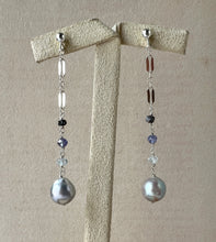 Load image into Gallery viewer, Silver-Blue Akoya Pearls, Black Diamond, Gems 925 Silver Dangle Earrings