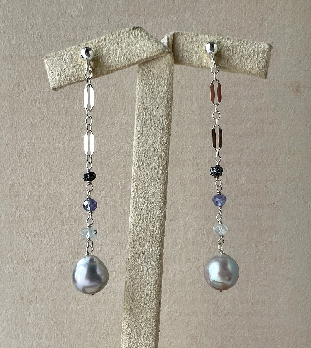 Silver-Blue Akoya Pearls, Black Diamond, Gems 925 Silver Dangle Earrings