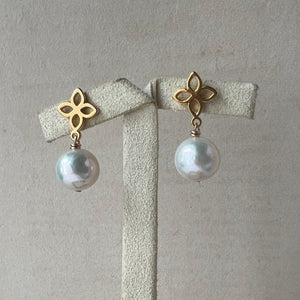 Round Ivory Pearls, Fleur de Lis Earring Studs