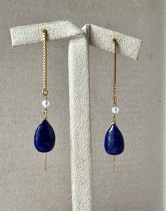 Lapis Lazuli & Pearl 14kGF Threaders