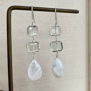 Rainbow Moonstone, Green Amethyst 925 Silver Earrings