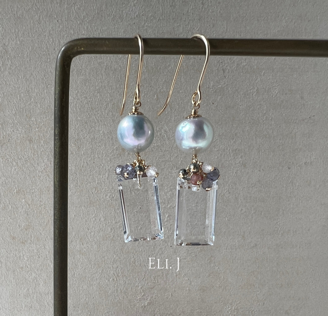Silver Akoya Pearls, Clear Quartz, Gems 14kGF Earrings