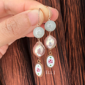 Pink-Rainbow Pearls, Vintage Porcelain Rose Charms, Jade Balls 14kRGF Earrings