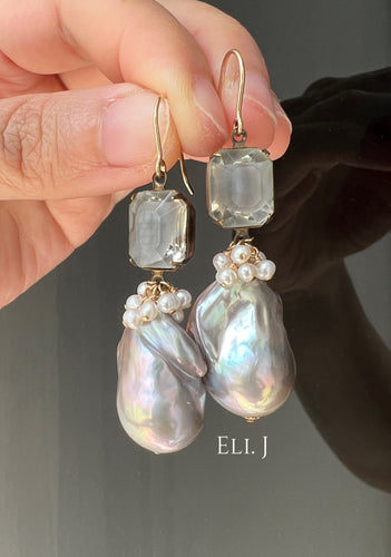 Vtg Grey Gems, AAA Silver Baroque Pearls 14kGF Earrings